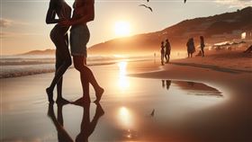 海邊，海灘，比基尼，情侶，夕陽（示意圖／AI製圖）