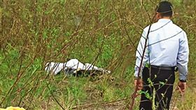 新北樹林堤防外的草叢，被人發現一具女屍，警方封鎖現場採證。（東森新聞提供）