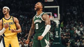 儘管少了當家球星安特托昆博，但密爾瓦基公鹿仍在「0秒射手」里拉德全場35分帶領下輕取印第安納溜馬。（圖／翻攝自公鹿隊官方X）