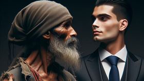 一個窮人穿著破爛，看著一個西裝筆挺的有錢人（圖／AI生成）