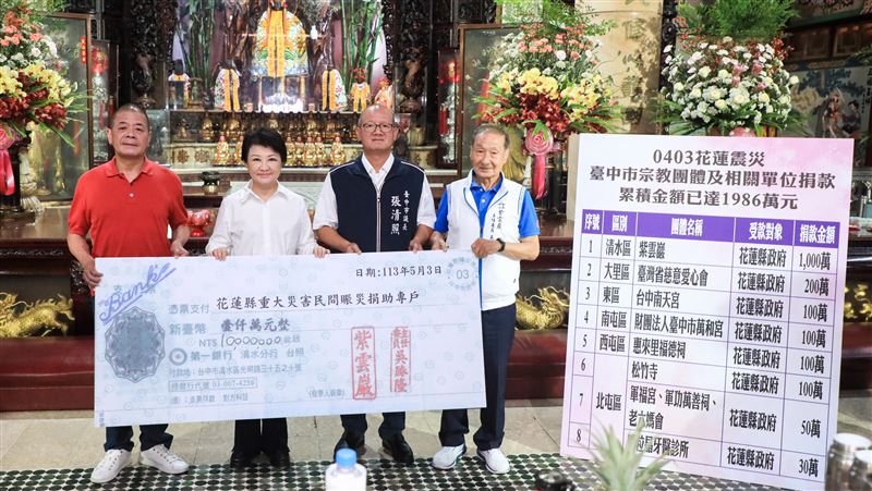 台中清水紫雲巖捐1千萬　助花蓮災區重建