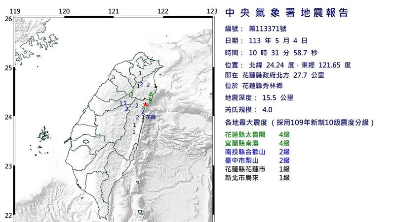 花蓮10：31「規模4.0地震」　5縣市有感