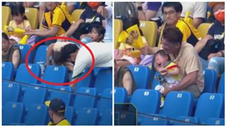 少了死亡之瞪　爸爸搶界外球萌娃撞臉爆哭