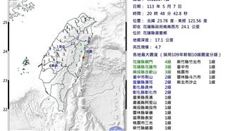 新／20:48花蓮4.7地震！最大震度4級