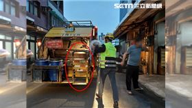 李姓女清潔員站在車斗處（紅圈），因壓縮槽抬升從一樓高處墜落受傷。（示意圖／非新聞當事車／資料照）