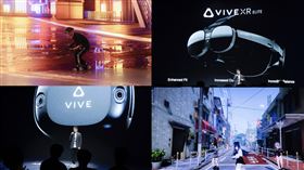 現場即時演示，透過VIVE XR Elite（右圖上）及VIVE自定位追蹤器（左圖下）全身追蹤技術，生動地以3D虛擬分身（右圖下）進行舞蹈表演，以及VR/XR軍事射擊訓練遊戲（左上圖），為使用者帶來更高自由度及更接近真實世界的互動體驗。（圖／宏達電提供）
