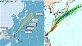 圖：最新(27日2時)中央氣象署「路徑潛勢預測圖」(左圖)顯示，「艾維尼」逐漸增強中。預測行徑與最新(26日20時)歐洲(ECMWF)系集模式模擬(右圖)類似，在呂宋島東方海面，向東北逐漸加速遠離。(右圖擷自weathernerds)