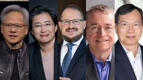 輝達（NVIDIA）執行長黃仁勳、超微（AMD）董事長蘇姿丰、高通（Qualcomm）總裁暨執行長Cristiano Amon、英特爾（Intel）執行長基辛格（Pat Gelsinger）、美超微（Supermicro）總裁梁見後。（圖／NVIDIA、COMPUTEX）