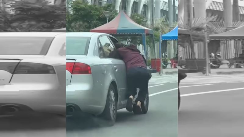 不讓兒子女友投案！彰化男當街攀車腳騰空