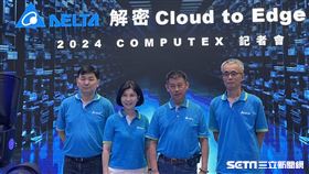 台達電今年COMPUTEX 2024聚焦 AI人工智慧，以「解密Cloud to Edge AI」為主題，（左起）資料中心事業部總經理詹智強、品牌長郭珊珊、董事長鄭平、電源及零組件事業範疇執行副總裁史文景。（圖／記者王翊綺攝影）