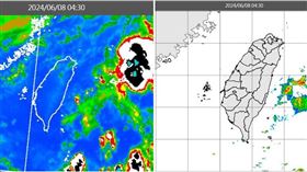 圖：今(8)日4：30紅外線雲圖顯示，為台灣帶來「豪雨」的對流雲系，已東移至花蓮東方海面(左圖)，台灣陸地上無降水回波(右圖)。