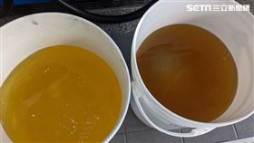 網友在PTT曬出地震前後油品混濁度的差別，可以看出右側地震後油品明顯混濁。（圖／翻攝PTT畫面）