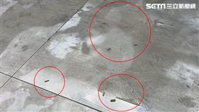 位大寮中庄區一家保養廠鐵門，今凌晨疑遭人持步槍掃射，現場遺留數10個彈殼，鐵門滿布彈孔成蜂窩狀，相當嚇人。（圖／翻攝畫面）