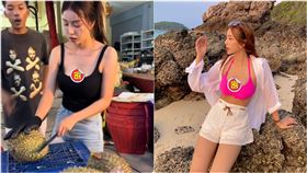 正妹賣榴槤爆紅！超香擺攤畫面吸近200萬人　私下「辣穿比基尼」美照曝。（合成圖／翻攝自抖音、IG）