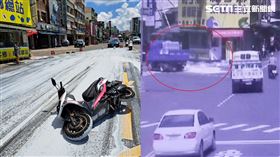 小貨出載有5桶白漆，在轉彎處全倒灑了一地，造成後方4名騎士打滑慘摔。（圖／翻攝畫面）