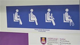 大馬地鐵系統博愛座圖示馬來西亞首都吉隆坡有多條地鐵路線，如輕快鐵LRT、單軌列車Monorail與地鐵MRT等，這些地鐵在各節車廂內都設有博愛座，分別以英文與馬來文標示，並以白色藍底圖案繪出需要讓座的人。中央社記者黃自強吉隆坡攝  113年6月25日