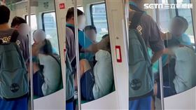 同車乘客車廂當時影片po網，才得知並非只有警方說男子自言自語失控，另有兩名長者徒手扯頭撞窗，23歲男子無力抵擋捲曲角落。（圖／翻攝畫面）