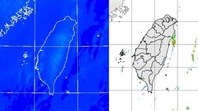 圖：今(2日)晨4時紅外線色調強化雲圖顯示，台灣大致晴朗(左圖)。4時雷達回波合成圖顯示，西南部有零星回波移入(中圖)。4時累積雨量圖顯示，西南部零星飄雨，花蓮有昨日強對流殘餘的降雨(右圖)。