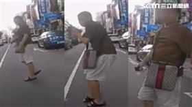 莽男鬼步穿越車道差點釀成車禍，回過神驚嚇表情全被行車記錄器拍下來。（圖／翻攝高雄大小事畫面）