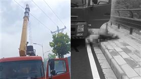 司機駕駛吊車時不慎勾到高壓電線。（圖／翻攝自微博）