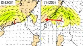 圖：最新(3日20時)歐洲模式(ECMWF)300百帕風場模擬圖顯示，「冷心低壓」6日20時在台灣東方海面(右圖)、7日20時在台灣上空(中圖)、8日20在廣東(左圖)。