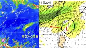 圖：5日4時紅外線色調強化雲圖顯示，「高空冷心低壓」在台灣東方約2000公里處(左圖)。最新(4日20時)歐洲模式(ECMWF)200百帕風場模擬圖顯示，「高空冷心低壓」7日20時已前進至台灣東南部近海(右圖)。