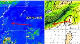 6日4時紅外線色調強化雲圖顯示，「高空冷心低壓」在台灣東方約1千多公里處(左圖)。最新(5日20時)歐洲模式(ECMWF)200百帕風場模擬圖顯示，「高空冷心低壓」8日20時已前進至台灣東南部，繼續偏西前進(右圖)。