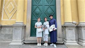 林莎、林予晞、范少勳穿旗袍現身澳門。（圖／《演員們的旅行》節目組及《青春期影視》提供）
