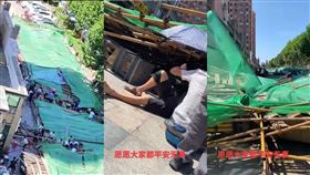 ▲中國武漢鷹架整片倒塌現場一片狼藉，還有民眾受困。（圖／翻攝自X）