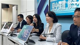 國民黨立委賴士葆（右一）、李彥秀（左二）、王鴻薇（右二）、徐巧芯（中）、羅智強（左一），召開「停止政治抹黑兒少保護 修法不漏接」記者會。（圖／記者陳怡潔攝影）