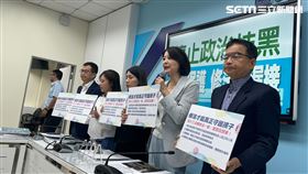 國民黨立委賴士葆（右一）、李彥秀（左二）、王鴻薇（右二）、徐巧芯（中）、羅智強（左一），召開「停止政治抹黑兒少保護 修法不漏接」記者會。（圖／記者陳怡潔攝影）