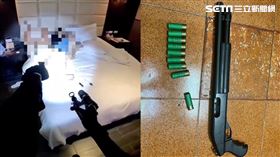 警方前往汽車旅館執行攻堅拘提，劉嫌尚在睡夢中無法反抗，加上又摟一名女子，只好高舉雙手配合警方。（圖／翻攝畫面）