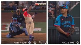 ▲今永昇太明星賽對決小葛雷諾（Vladimir Guerrero Jr.）讓他揮空噴飛球棒。（圖／翻攝自【MLB】放送地区推特）