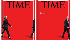 「時代雜誌」（TIME）公布新封面，右側是拜登正踏出畫面邊緣，左側是賀錦麗昂首闊步走向中央的姿態。（圖／翻攝自TIME臉書）