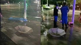 中國連日豪雨，害一名行經路燈下的行人觸電當場倒地身亡。（圖／翻攝自X平台「李老師不是你老師」）

