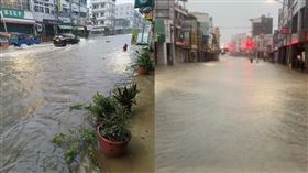 美濃市區因美濃溪暴漲因素，水流溢出市區道路，居民忙著移車。（圖／翻攝自旗山大小事）