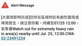 高雄、屏東網友留言表示，自己收到細胞簡訊，大雷雨直接半天。（圖／翻攝自臉書）