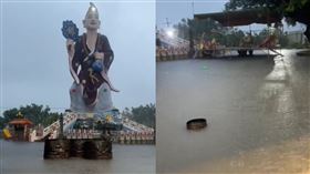 廟埕的巨大濟公像全被淹水包圍，形同孤島。（圖／翻攝自旗尾五龍山鳳山寺臉書） 