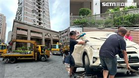 一大早在地拖吊車業者霸佔車道排班，宛如「貪食蛇」一輛接一輛。（圖／記者簡榮良攝影）