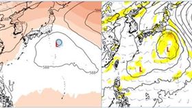圖：最新(29日20時)歐洲模式(ECMWF)模擬，下週一(5日)20時500百帕高度場(左圖)及地面氣壓圖(右圖)顯示，台灣東方、日本南方廣大的海面，大低壓環流醞釀中，熱帶擾動或有機率在其中發展。
