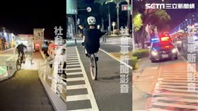 兩名單車騎士把高雄鼓山一號船渠景觀橋當起飛跑道，抓出距離後飆速拉高龍頭，騰空飛行兩層樓高，再急剎衝進人群搭渡輪。（圖／翻攝自社會事新聞影音畫面）
