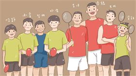 有球迷將台灣羽求、桌球選手畫成卡通人物對比身，可愛又逗趣。（圖／threads@xin183授權）