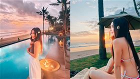 溫碧霞身穿三點式比基尼。（圖／翻攝自溫碧霞微博）
