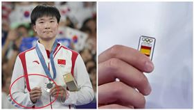 ▲中國羽球女將何冰嬌在巴黎奧運女單拿下銀牌，頒獎時拿著西班牙Pin徽章。（圖／美聯社／達志影像、BWF IG）
