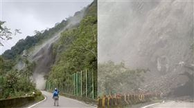 居民拍下山崩驚險瞬間，不到幾秒鐘巨石中斷道路。（圖／翻攝自六龜大小事臉書）
