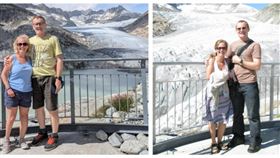 英國一對夫妻相隔15年後舊地重遊，但兩人背後的冰河卻消失大半。 （圖／翻攝自X）