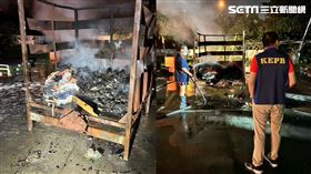 環保局在一處私人貨車停車場內查獲一名男子非法露天燃燒棧板、紙類、塑膠袋及雜物垃圾等廢棄物，（圖／翻攝畫面）