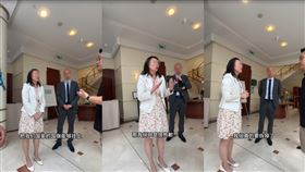 中國網紅「張教官的有趣人生」隔日再度到巴黎長榮桂冠酒店，找主管反映，並要求掛五星旗。（圖／翻攝自抖音）