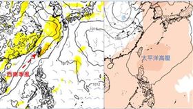 左圖：最新(15日20時)歐洲模式(ECMWF)下週一(19日)850百帕模擬圖顯示，「西南季風」通過台灣。

右圖：最新(15日20時)歐洲模式(ECMWF)下週三(21日)500百帕模擬圖顯示，「太平洋高壓增強」。(圖擷自tropical tidbits)
