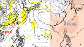 左圖：最新(16日20時)歐洲模式(ECMWF)下週一(19日)850百帕模擬圖顯示，「西南季風」通過台灣。

右圖：最新(16日20時)歐洲模式(ECMWF)下週三(21日)500百帕模擬圖顯示，「太平洋高壓增強」。(圖擷自tropical tidbits)